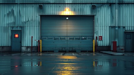 A large metal garage door in a building.