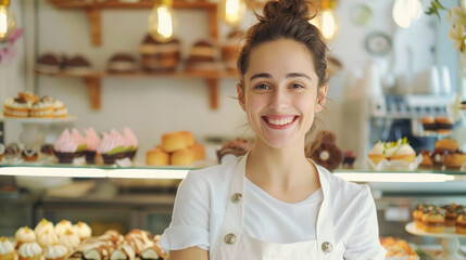 Portrait of happy female baker near showcase with pastries in her cafe. Attractive cheerful female confectioner smiling to the camera standing near the showcase. Small business.