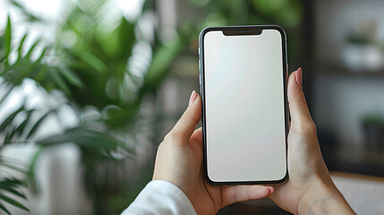 Business man hand holding white blank mobile phone in office