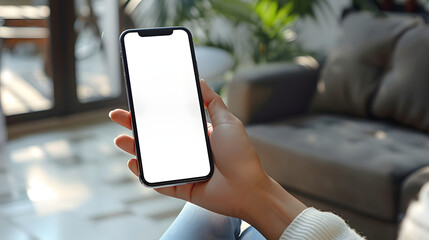 Business man hand holding white blank mobile phone in office