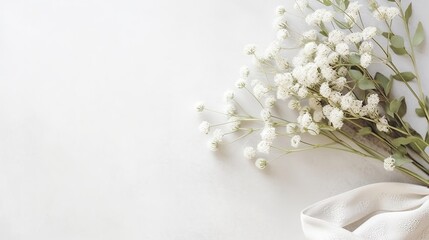 White gypsophila flowers on a white background. Flat lay, top view