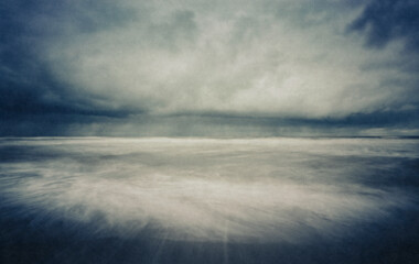 Distant Storm on moody ocean seascape, photographed with on film with pinhole camera.