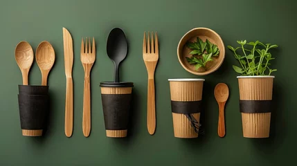 Fototapeten Bamboo utensils with paper cups and packets on a green background made from bamboo wood and paper. © Zaleman