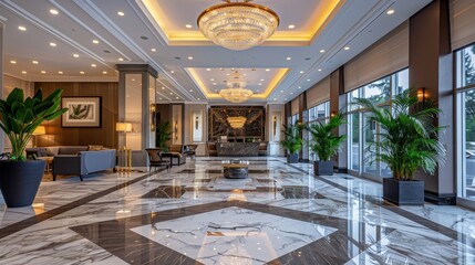 A luxurious hotel lobby with a stunning marble floor