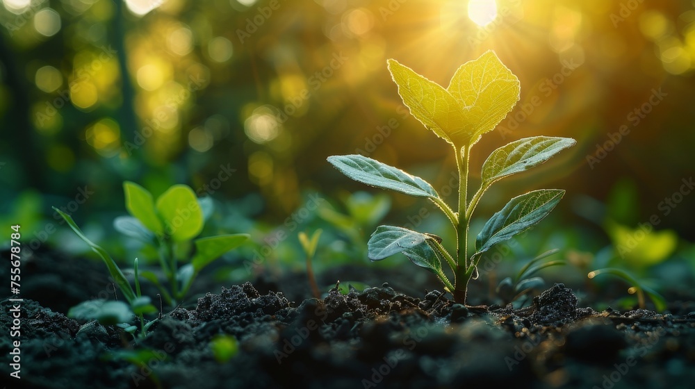 Poster plant growing in sunlight. concept of environment and ecology. sustainable development based on rene