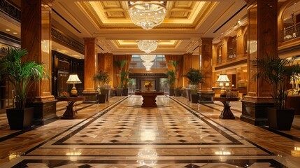 Fototapeta na wymiar A luxurious room with grand columns and sparkling chandeliers