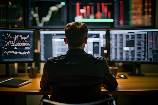 A Man Checking Monitoring Trade Market Data. Stock Trader Broker Looking at Computer Analyzing Trading Cryptocurrency Finance Market Crypto