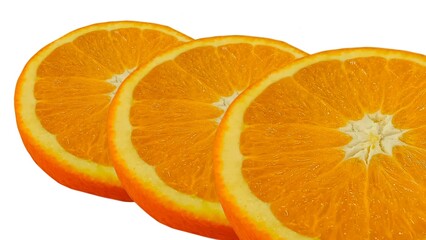 Orange fruit cut into pieces on white background.
