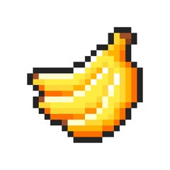 Fototapeta premium Pixel bananas isolated on white background. Pixelated sticker of banana. Slot machine or video game item. Fruit icon. Vector pixel art illustration in 8 bit old style.