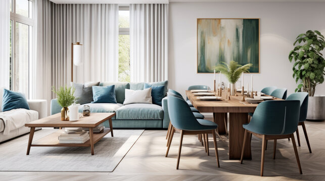 Living room and dining area in modern style. White walls, muted blue and light brown colors