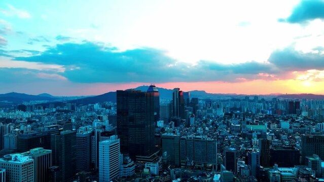 Drone View of Seoul city in South Korea, Gangnam road 60fps, winter, suset