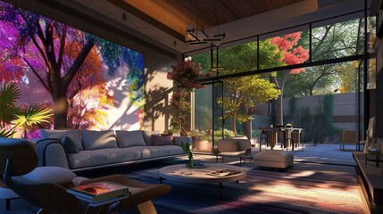A modern cozy living room with a large colorful - obrazy, fototapety, plakaty
