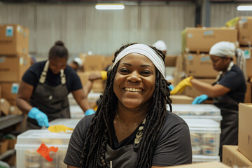 black volunteer and her coworkers packing donations - obrazy, fototapety, plakaty