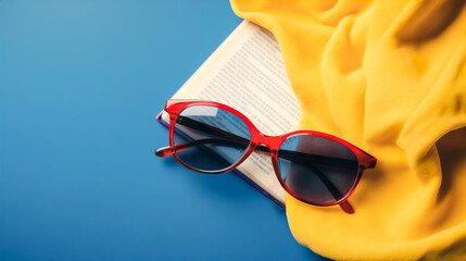 Summer reading concept with sunglasses and a book. Generative AI image