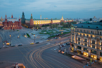 Manezhnaya Square, Historical museum near Kremlin wall in Moscow, Russia at evening