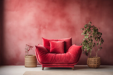 Stylish Red Velvet Sofa with Coordinating Pillows and Hanging Plant in Warm Hued Interior