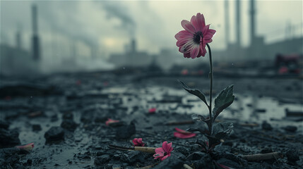 Flowers dying from air pollution in pollution from industrial background - obrazy, fototapety, plakaty