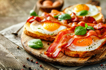 Freshly Fried Crispy Bacon and Eggs in a frying Pan on wooden rustic table with ingredients and lights of a sun. Delicious breakfast. Restaurant menu, recipe, Side view