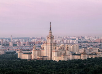 Fototapeta na wymiar Moscow State University - one of Stalin skyscrapers at summer morning in Moscow