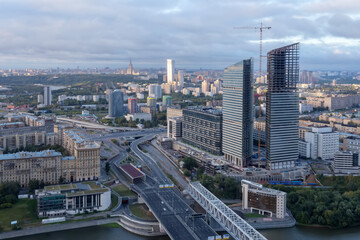 Residential building under construction, Third Transport Ring, river in Moscow, Russia