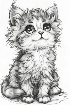 A black and white drawing of a cat, coloring book for kids.