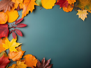 Cozy Autumn. Weather backdrop. Autumn leaves. Frame of colorful  leaves on colour background. Back to school background.