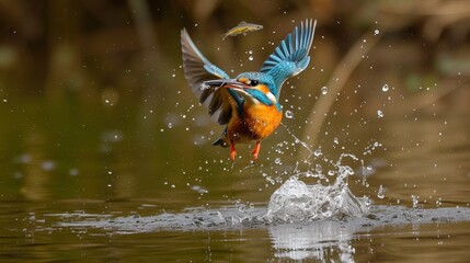 The European Kingfisher (Alcedo atthis) is hunting fish in the river to eat.