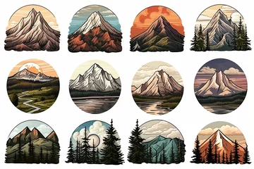 Fototapete Berge Set of Vintage adventure badge Camping emblem with mountain stickers logo clipart illustration on white background
