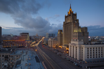 Fototapeta na wymiar Ministry of Foreign Affairs building (Stalin skyscraper) at evening in Moscow, Russia
