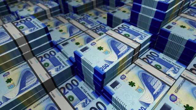 Azerbaijan manat 200 ILS banknote pack pile loop. Flying over money stack Azerbaijani note. 3D Abstract concept of business, economy, finance, crisis and banking. Seamless looped.