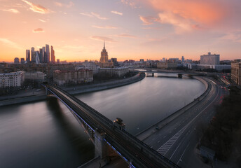Smolensky Metro Bridge, Government Building, Ukraine Hotel during sunset in Moscow