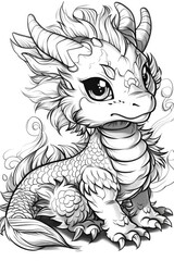 A drawing of a dragon sitting on the ground, coloring book for kids.