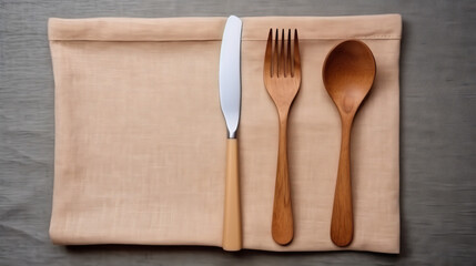 Fork and knife on wooden table with silverware, isolated Dining utensils set for restaurant or home