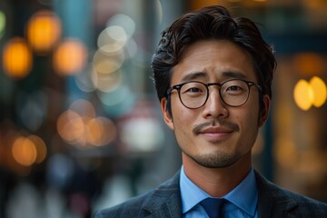 Fototapeta premium Close-up of Asian businessman wearing glasses, selective focus