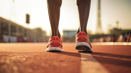 Close-up, Rear view of the Muscular Legs of a Runner at the start of a Treadmill. An athletic Sprinter in red sneakers runs in the stadium at Sunset. Competitions, sports, Healthy Lifestyle concepts.