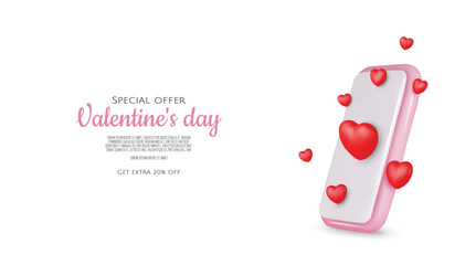 Smartphone with heart. 3D valentine illustration with hearts. Vector illustration