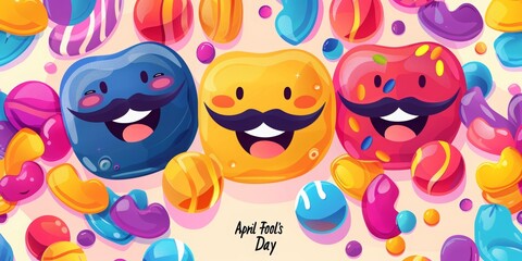 Fototapeta premium Funny smiling faces with mustaches and candy for April Fool's Day poster design. Background with text April Fools' Day and cartoon emoji smiley faces, mustache, clown hat