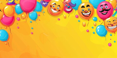 Funny smiling faces with mustaches and candy for April Fool's Day poster design. Background with text April Fools' Day and cartoon emoji smiley faces, mustache, clown hat