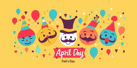 Fototapeta premium Funny smiling faces with mustaches and candy for April Fool's Day poster design. Background with text April Fools' Day and cartoon emoji smiley faces, mustache, clown hat