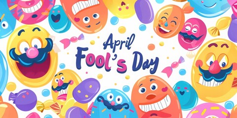 Funny smiling faces with mustaches and candy for April Fool's Day poster design. Background with text April Fools' Day and cartoon emoji smiley faces, mustache, clown hat