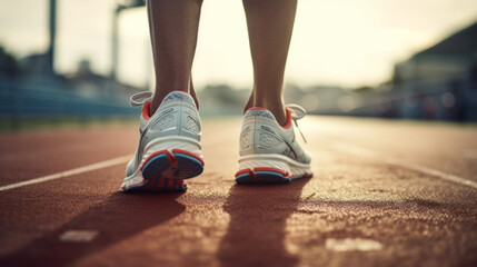 Close-up, Rear view of the Muscular Legs of a Runner at the start of a Treadmill. An athletic sprinter in white sneakers runs in the stadium at Sunset. Competitions, sports, Healthy Lifestyle concepts - Powered by Adobe