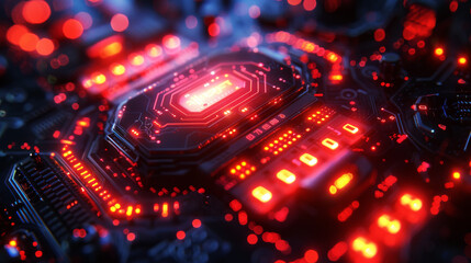 Obraz premium A close-up of a glowing red circuit board with illuminated connections reflecting the complexity of modern electronics.