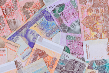 Riels of different nominal values represent Cambodian national currency