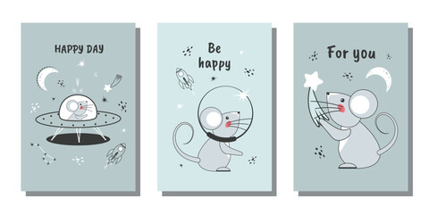 A set of greeting cards for a birthday, holiday, party, poster, invitation, template, wallpaper, greeting cards. Funny mouse. Vector design.