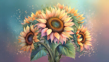 Piękna pastelowe kwiaty Słoneczników, tapeta, dekoracja. Generative AI - obrazy, fototapety, plakaty