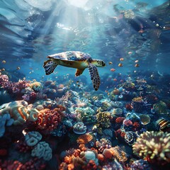 Fototapeta premium An underwater coral reef, vibrant marine life, a turtle swimming gracefully, a world of color and life beneath the waves 