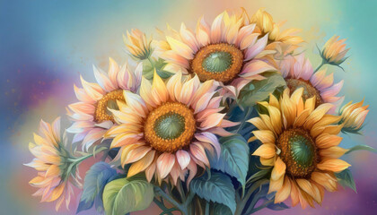 Piękna pastelowe kwiaty Słoneczników, tapeta, dekoracja. Generative AI - obrazy, fototapety, plakaty