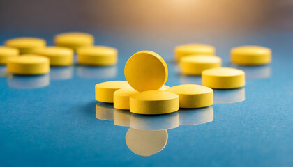 Yellow pills on blue table. Pharmaceutical vitamin or drug. Medical care and treatment.