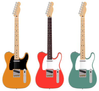 Telecaster guitar in yellow, red and green mint blue