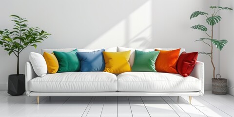 A white couch with colorful pillows in a room